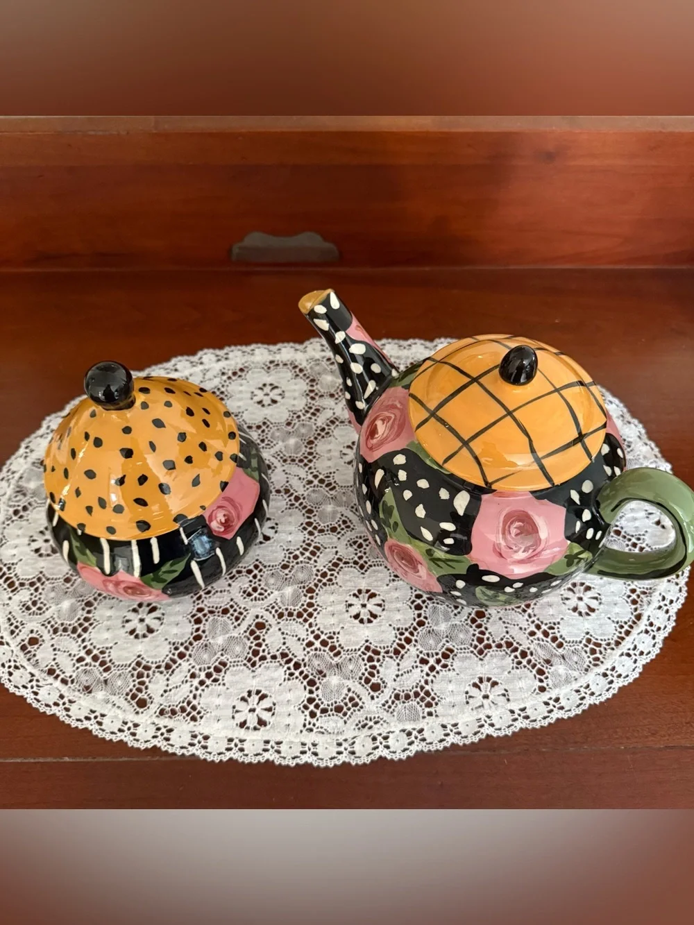 Vintage Droll Designs Hand-Painted Teapot - Whimsical Pink Rose & Polka Dot